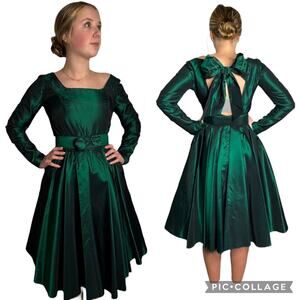 Vintage Emerald Green Taffeta Iridescent 80's Party Dress open back belt X Small